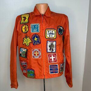 Vintage 1960s Orange Nylon Jacket, 60s/70s Boy Scouts Camp Patches, Size Medium